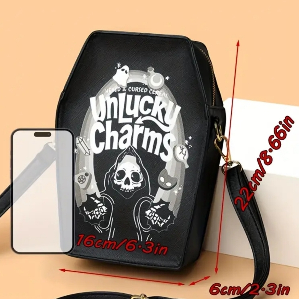🆕️BLACK UNLUCKY CHARMS CEREAL GOTH VEGAN LEATHER COFFIN ZIPPERED CROSSBODY - Picture 5 of 16